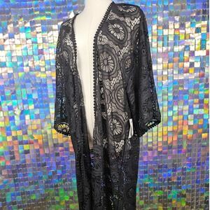 Wild Moss Black Floral Lace Longline Kimono Duster‎ Crochet Trim Womens Medium